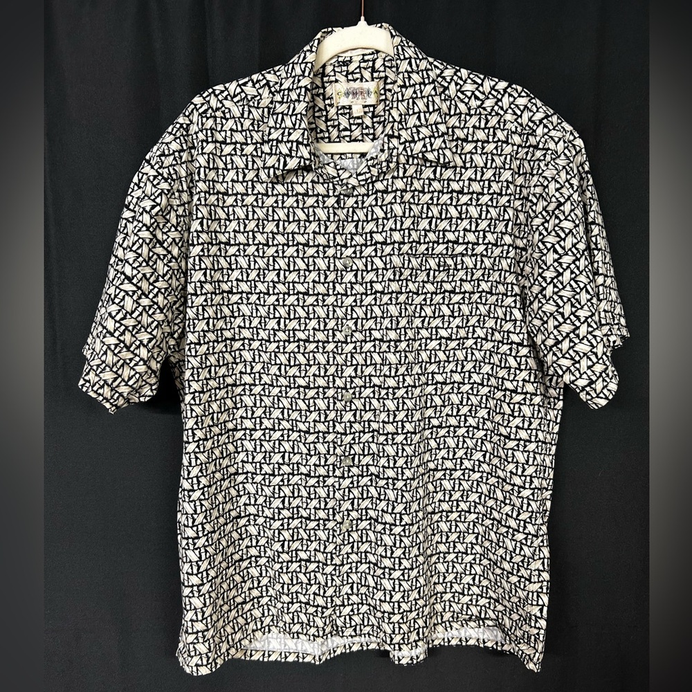 Vintage Campia Moda Hawaiian Shirt Black White Tribal Geometric Print L